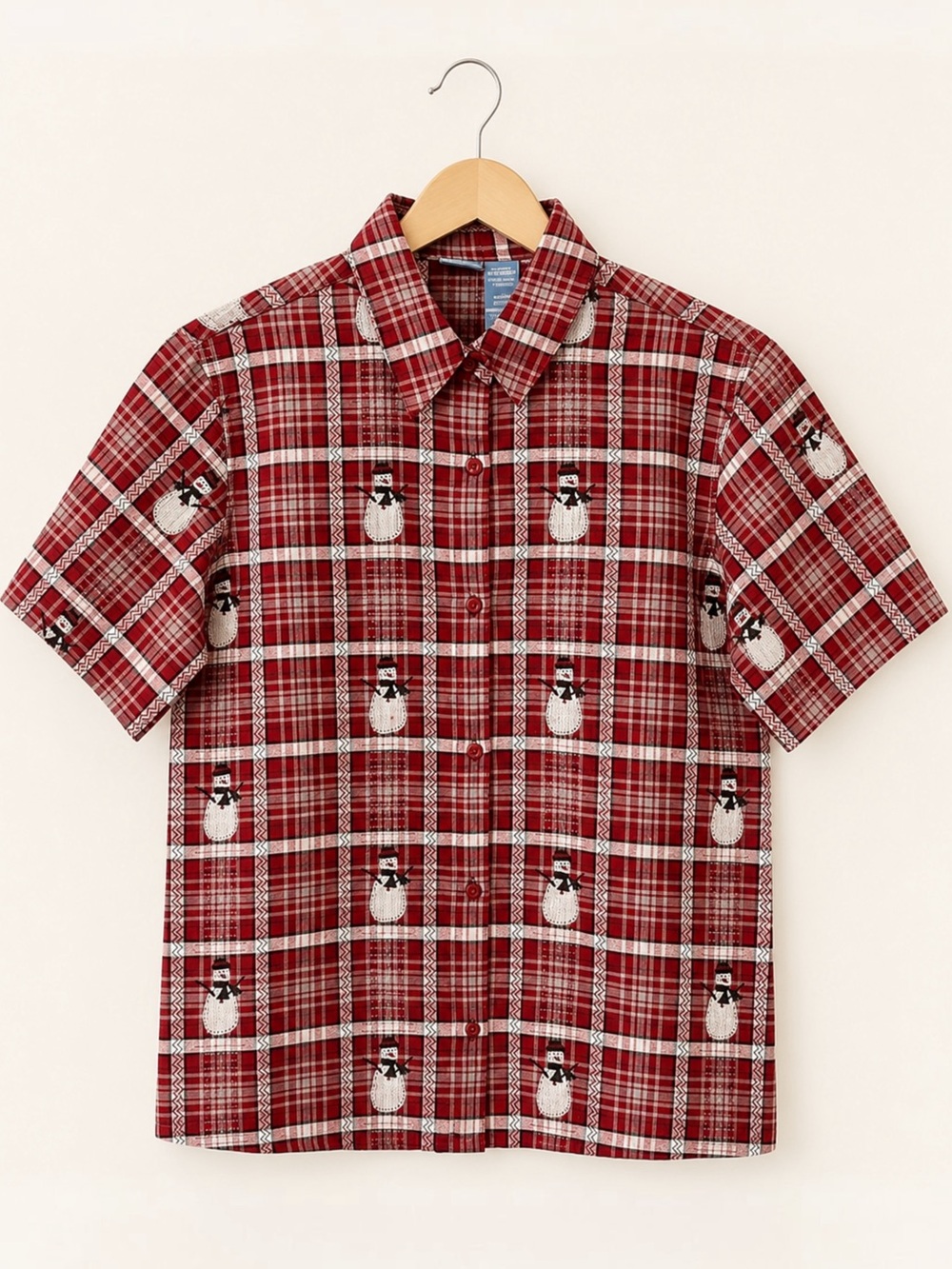 Vintage Embroidered Snowman Deadstock KMART Holiday Red Plaid Christmas Shirt XL